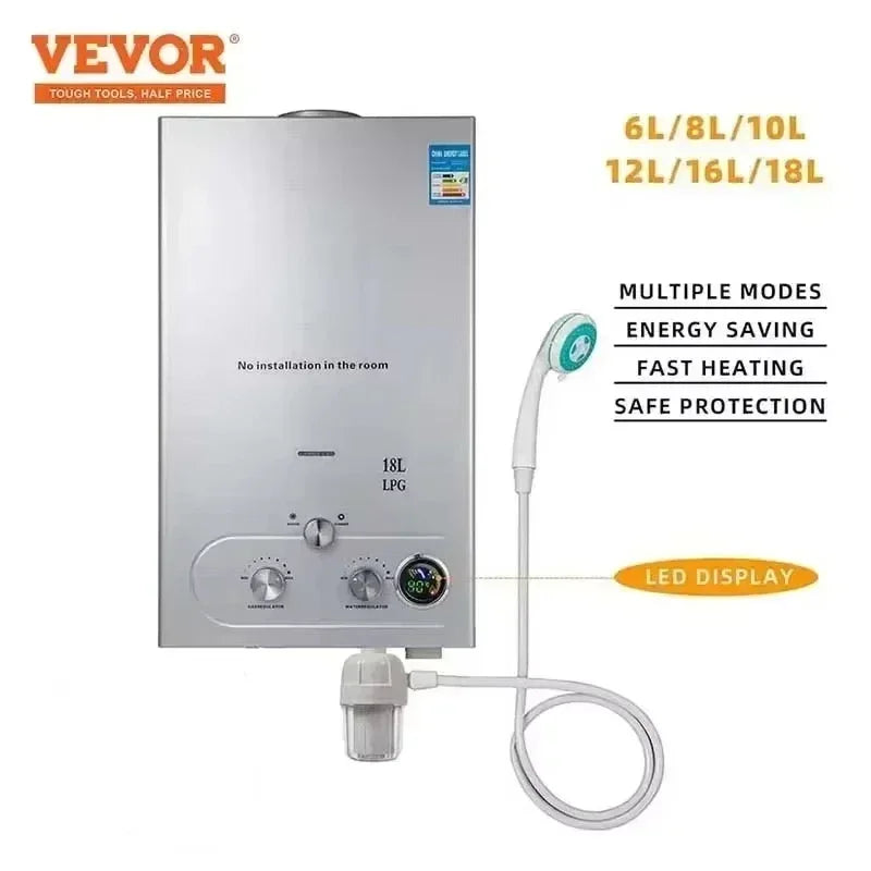 Chauffe-eau sans réservoir au GPL avec affichage LED – options de 6L à 18L