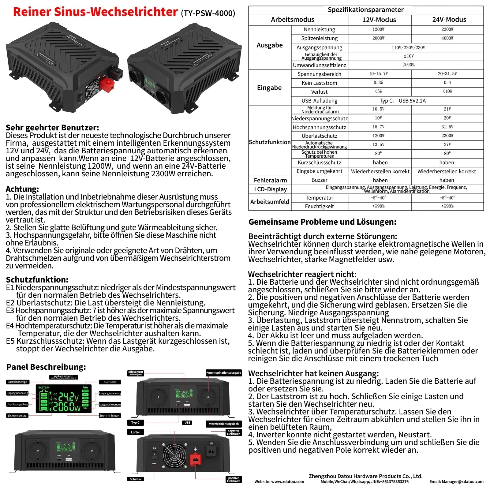 DATOUBOSS Portable 1200W2300W Dual Voltage Inverter DC12V-24V Auto Switching Pure Sine Wave Inverter for RV Off-Grid SolarSystem
