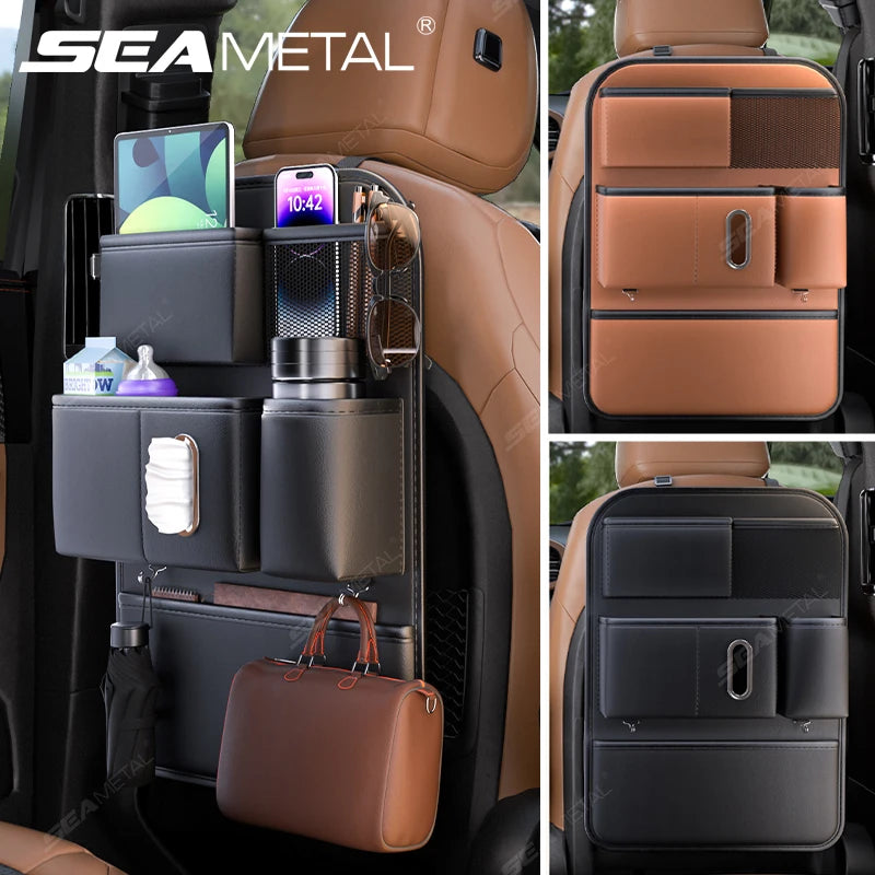 SEAMETAL 6-Pocket Car Seat Back Organizer Premium Pu Durable Car Back Seat Storage Bag Wear-Resistant Waterproof Anti-Kick Pad