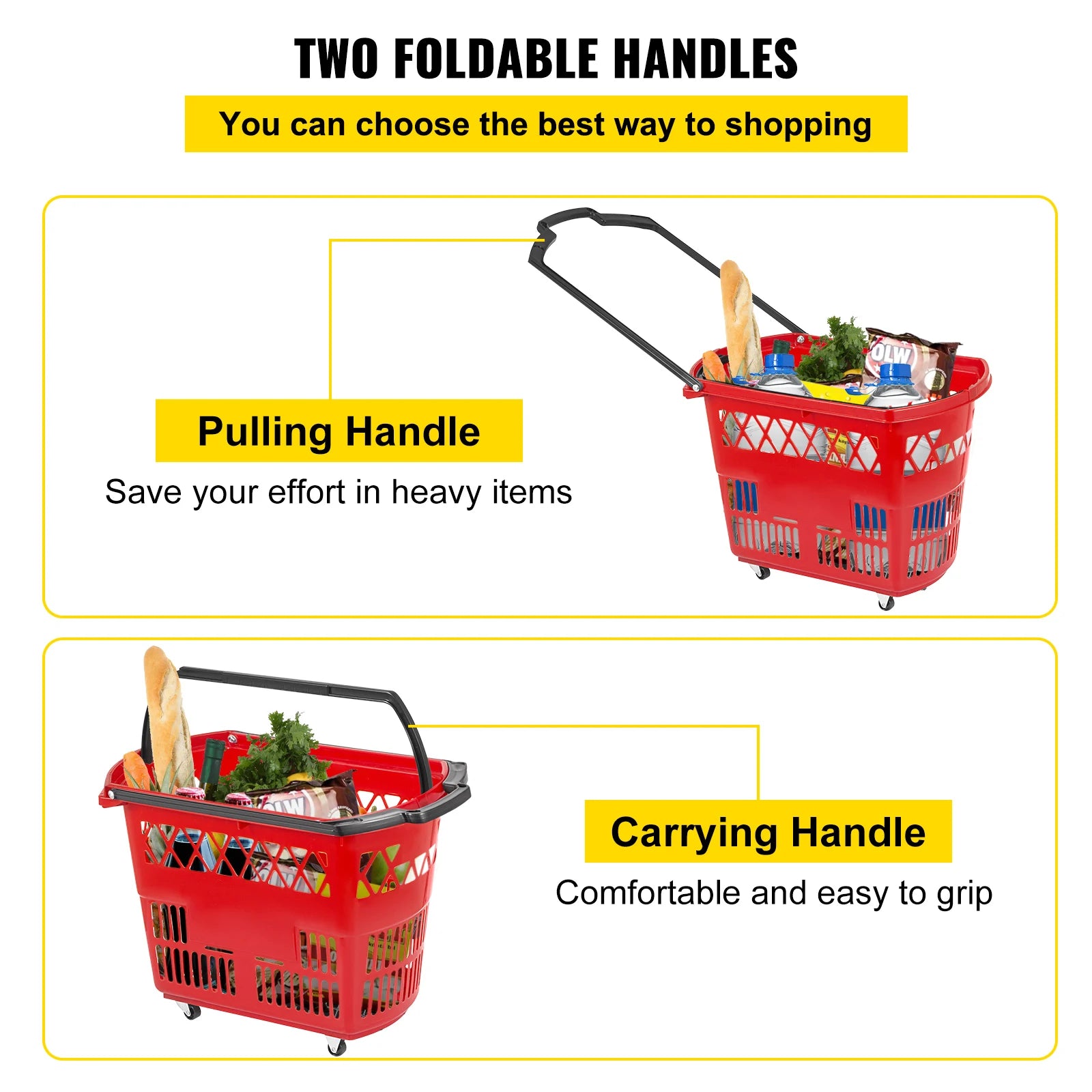 6-Pack Rolling Shopping Baskets with Wheels & Dual Handles