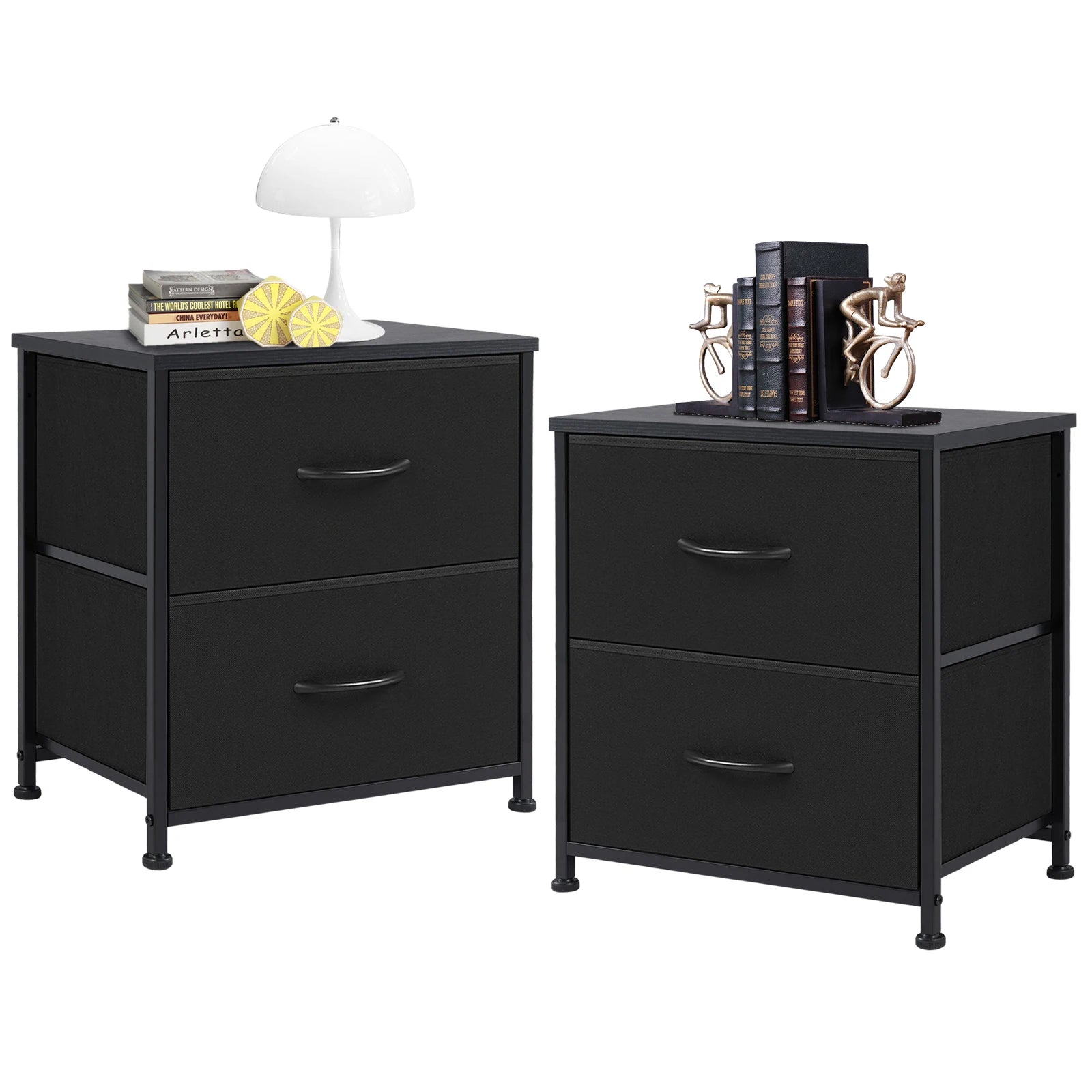 Set of 2 Fabric Drawer Nightstands with Storage and Metal Frame