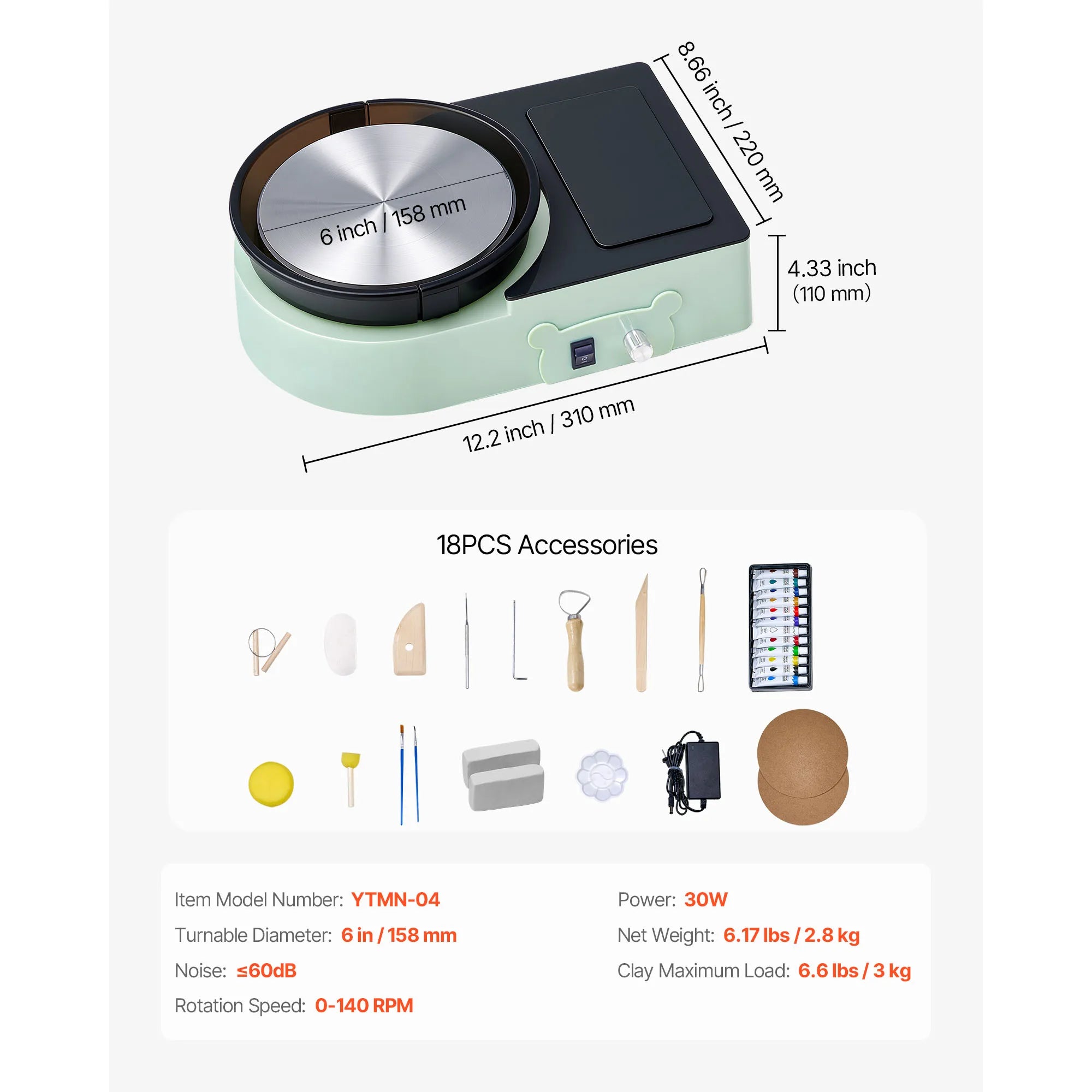 SucceBuy 3/6 inch Mini Pottery Wheel Turntable Forward Reverse Rotation Adjustable Speed Electric Clay Wheel for Kids and Adults