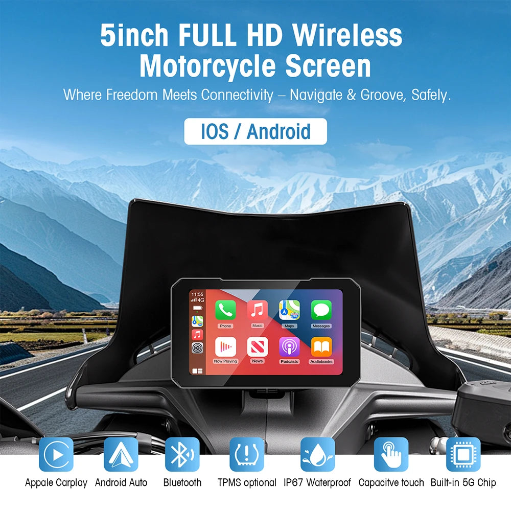 5 Inch Motorcycle Portable GPS Navigation Display with Wireless CarPlay and Android Auto