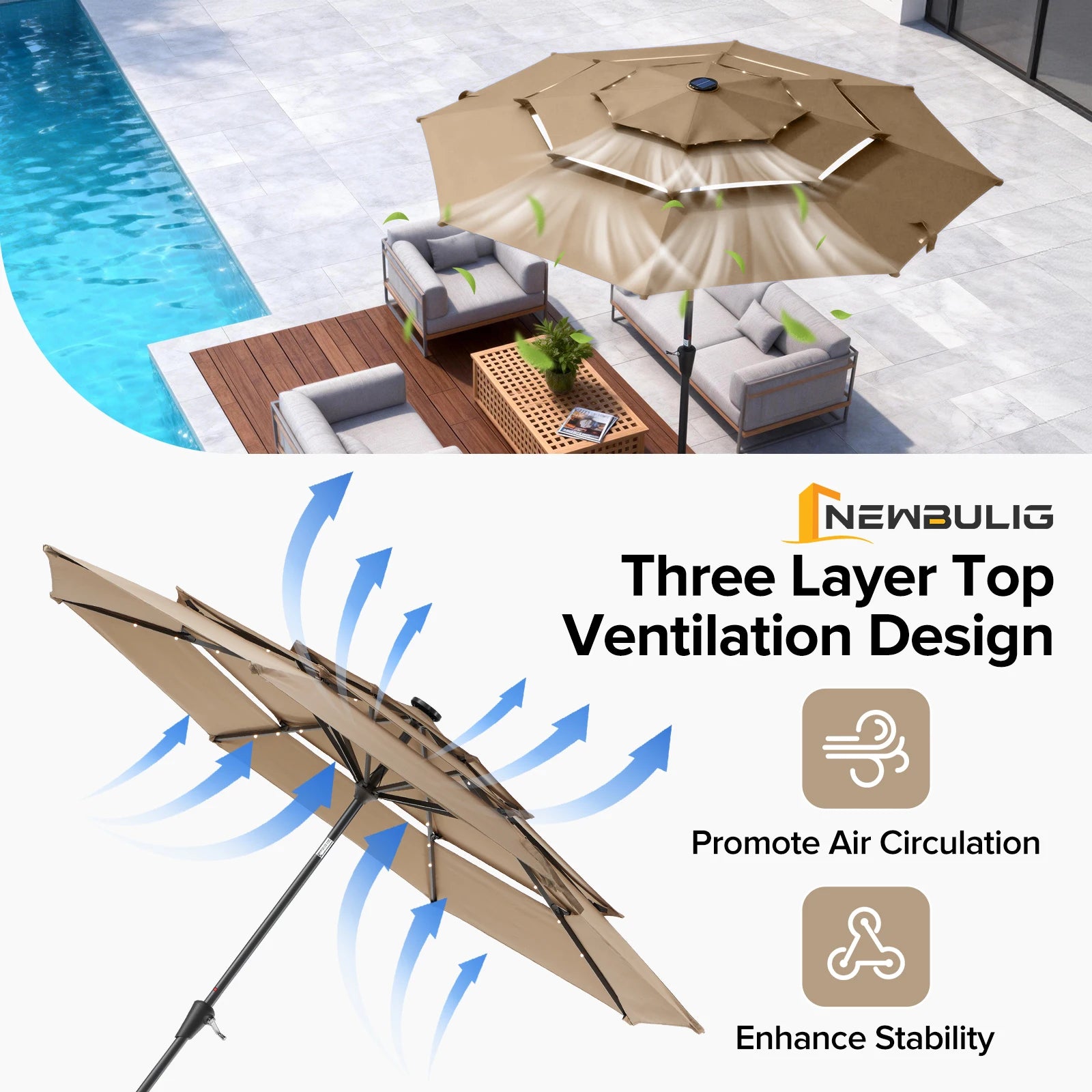 JHK 3-lags 10FT udendørs parasol med 32 LED-lys, håndsving, 8 robuste ribber, bordparasol til pool, strand og udendørs brug