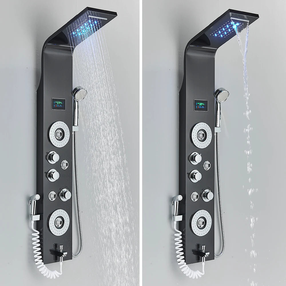 Sort badeværelsesbrusepanel med LED-display og massagejets