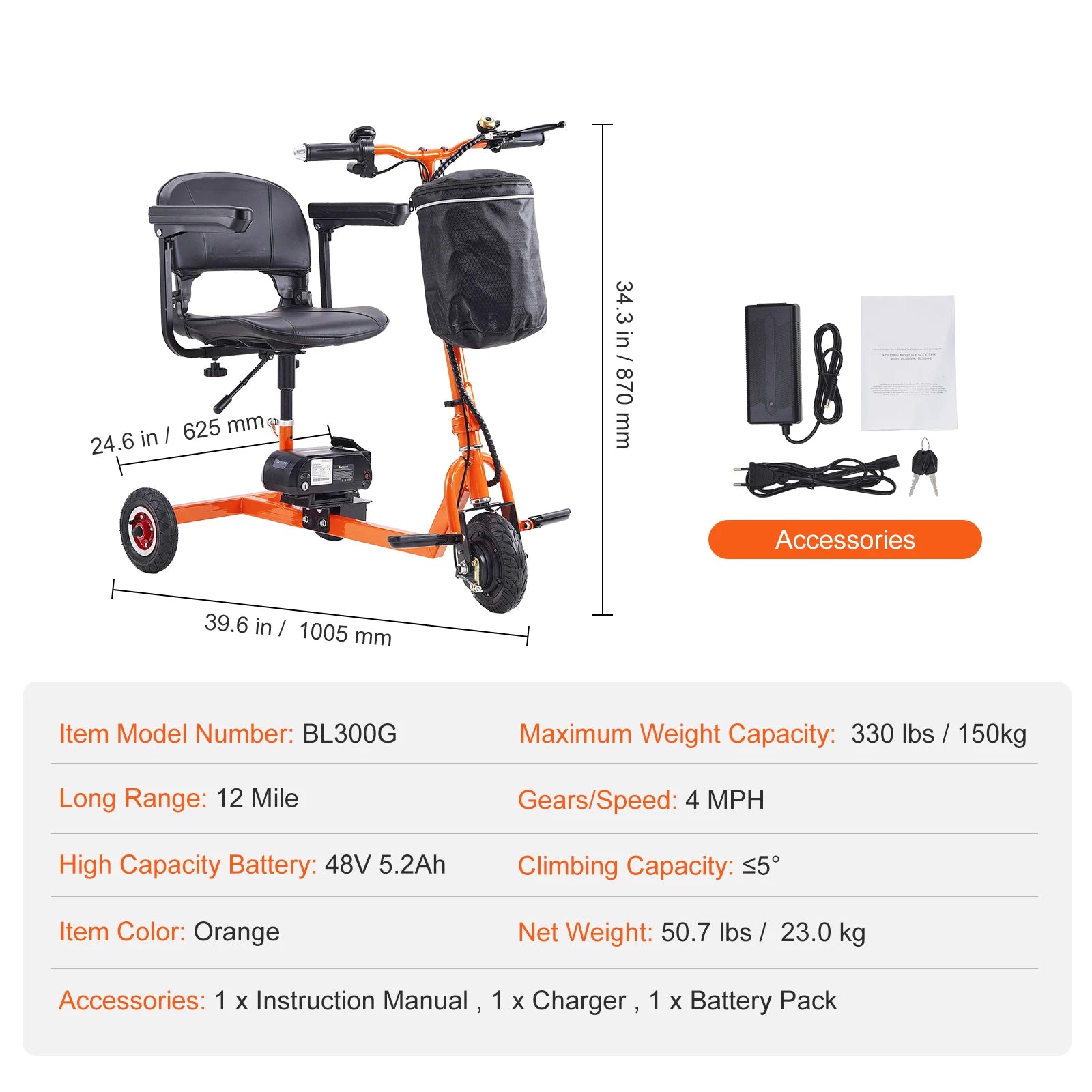 Scooter elettrico pieghevole a 3 ruote per anziani, mobility scooter portatile alimentato elettricamente, per terreni any-terrain, carrozzina da viaggio