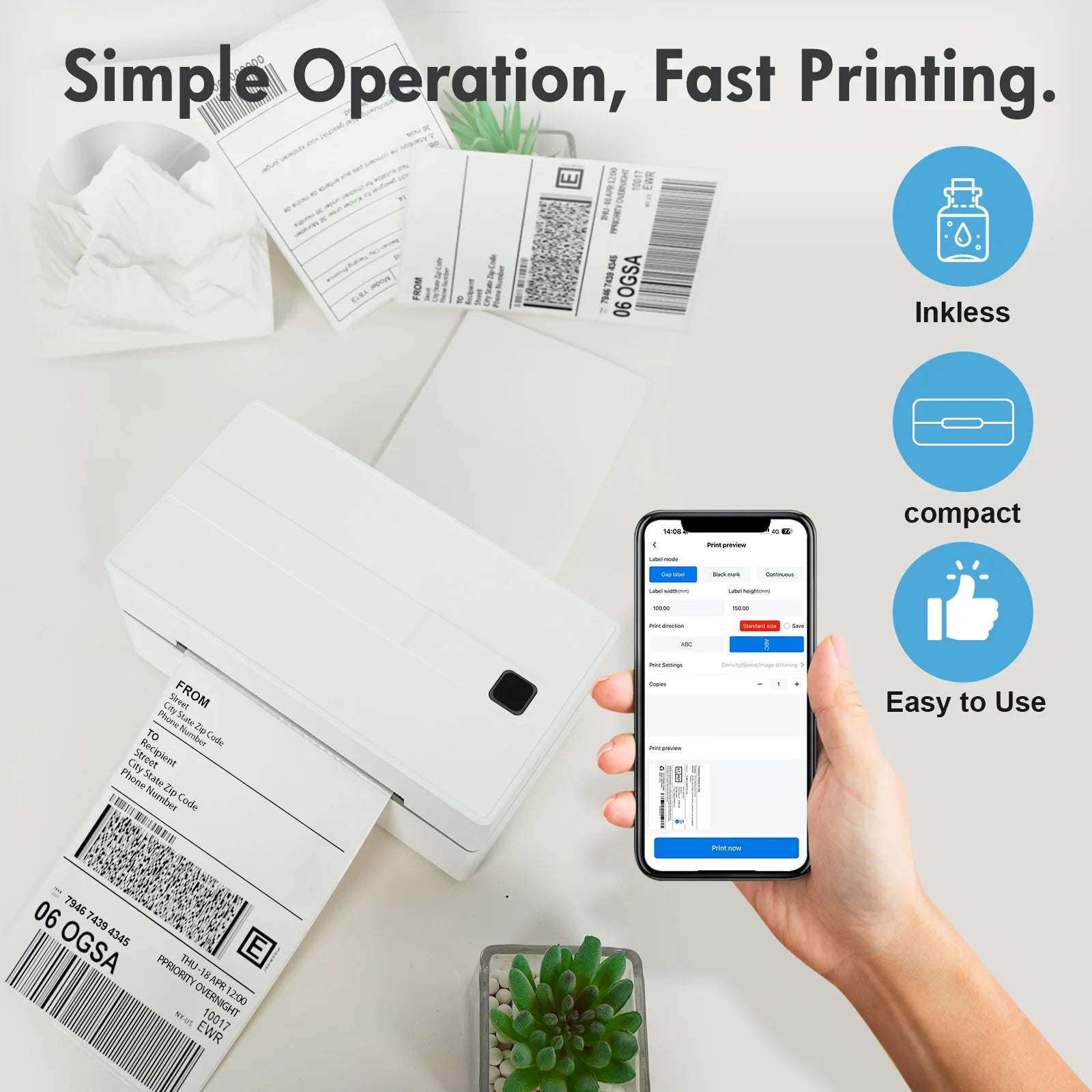 4x6 Thermal Label Printer No Ink Bluetooth USB 203 DPI Fast Print