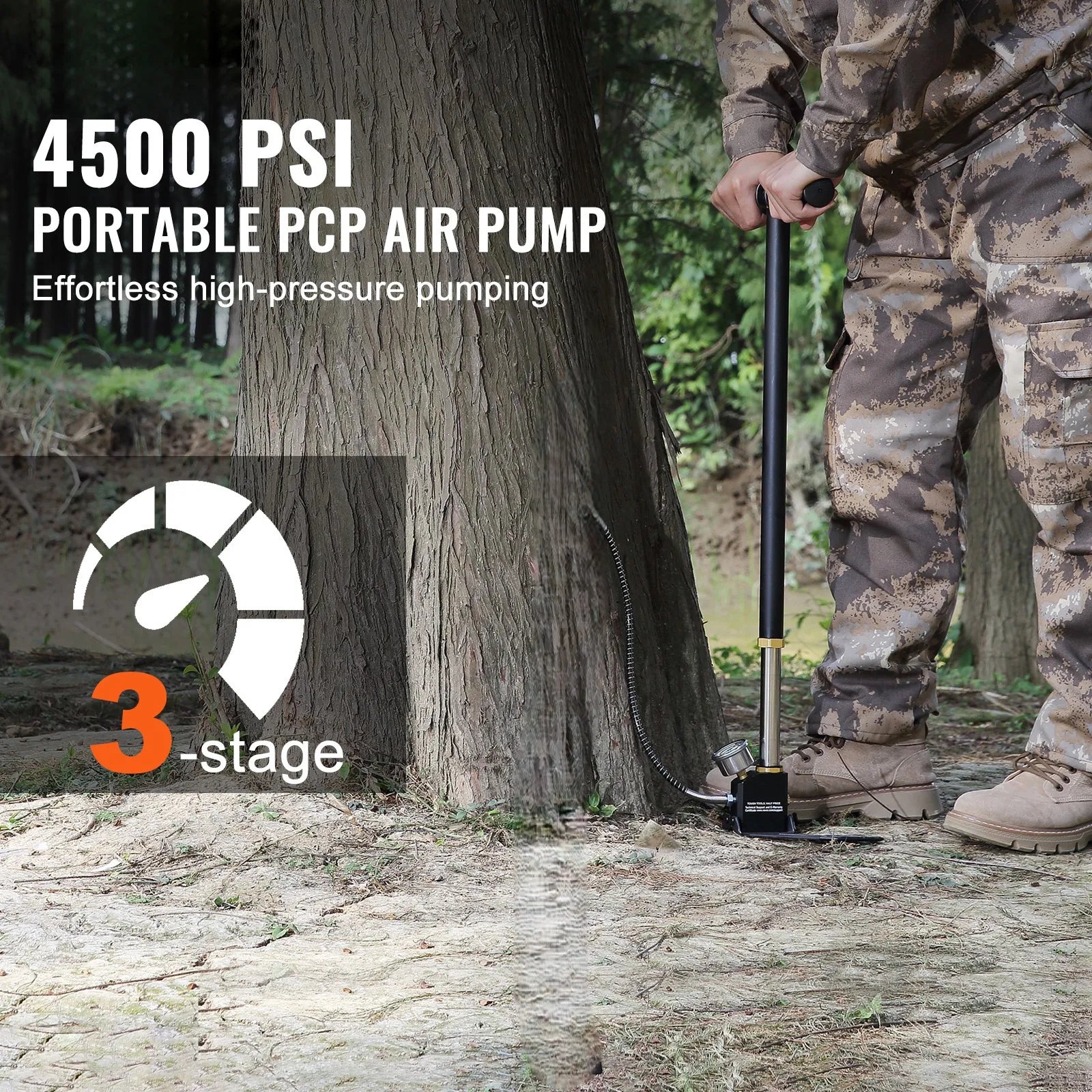Ruční pumpa PCP 3-stupňová 4500 PSI s manometrem pro vzduchovky a pneumatiky