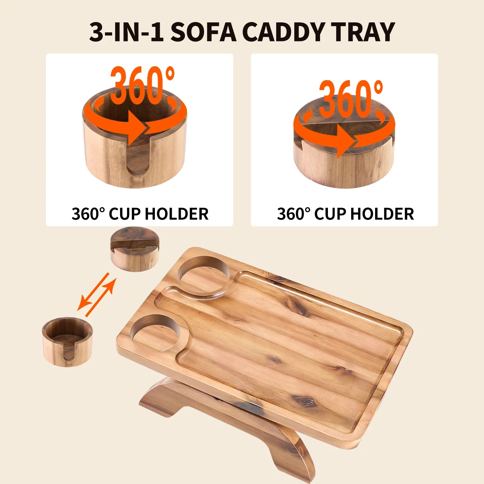 3-in-1 Couch Arm Tray with Rotating Cup Holder & Phone Stand