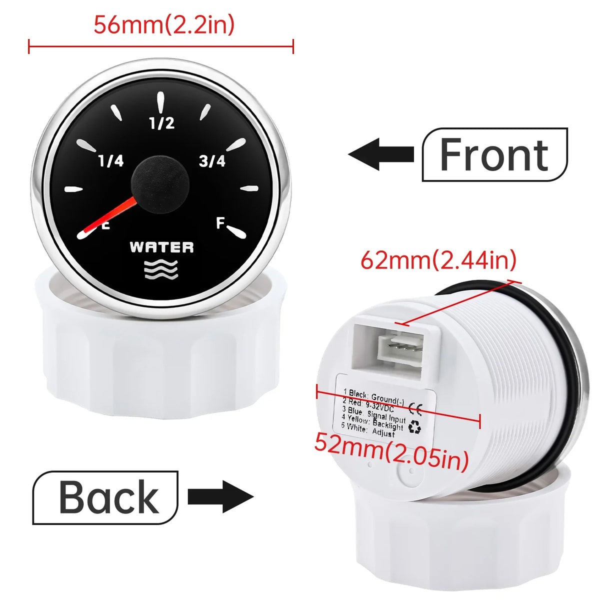 Indicatore del livello dell'acqua da 52 mm e opzioni dei sensori