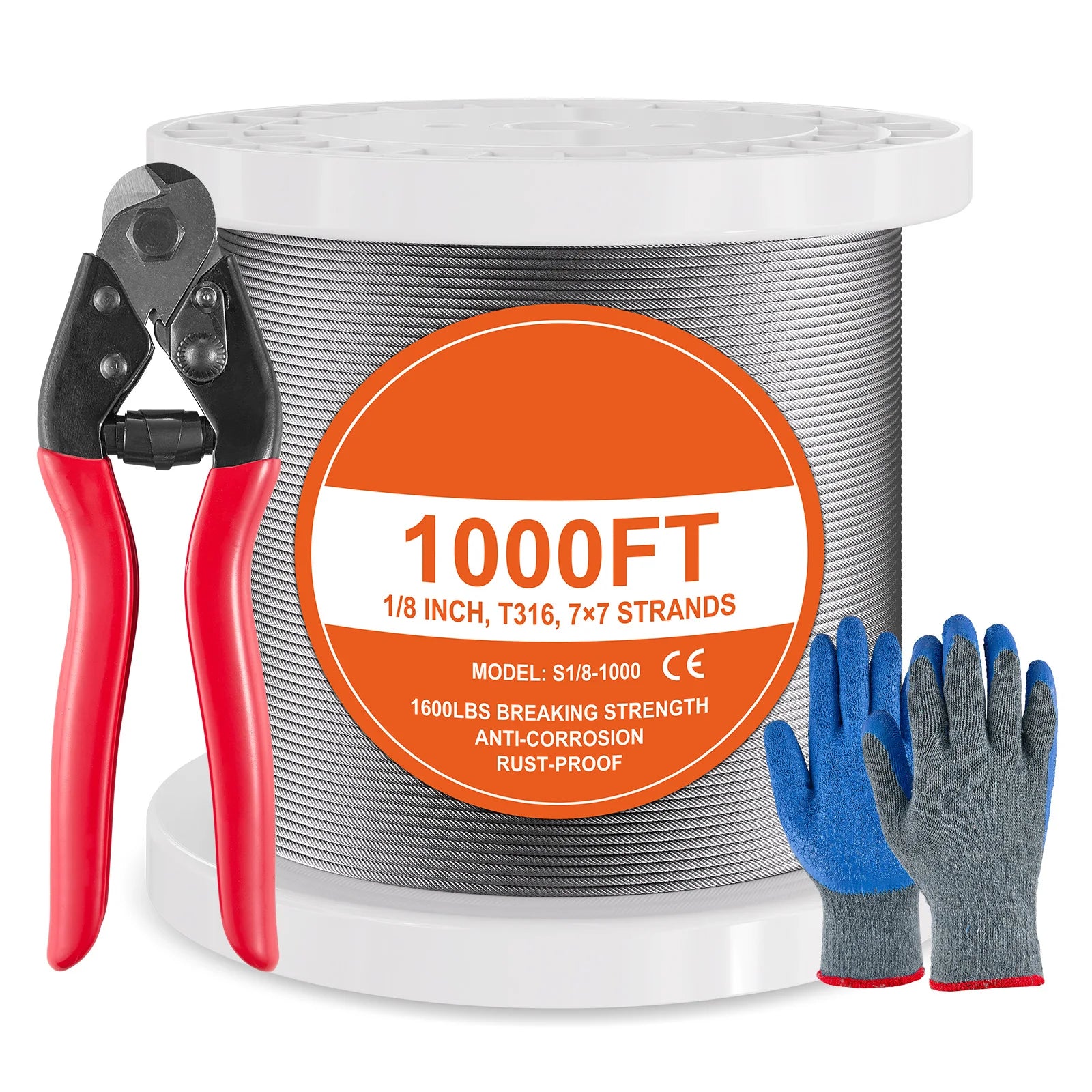 Kit de câble en acier inoxydable 316, câble 7x7 de 1/8", 600–1000 pieds