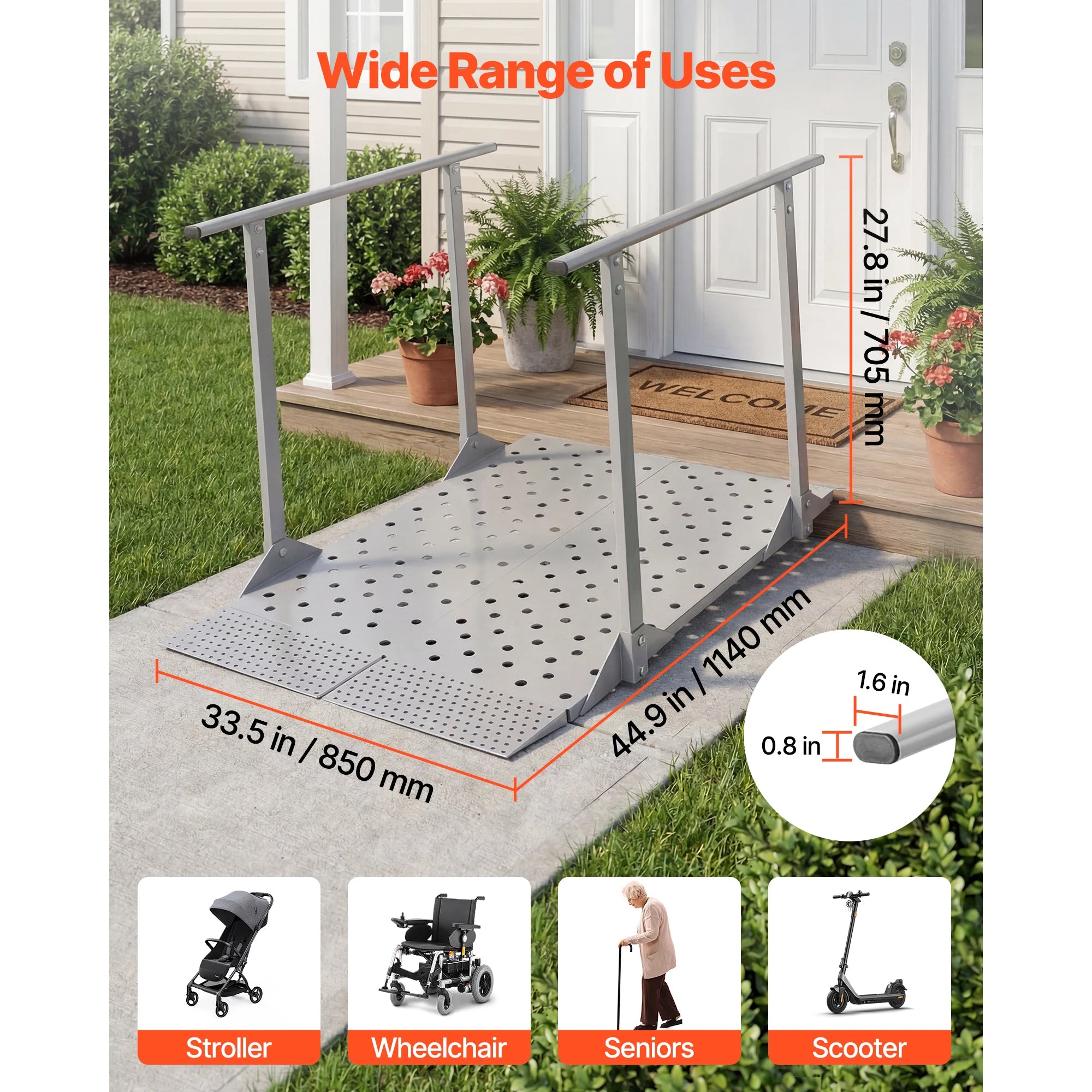SucceBuy 440LBS Wheelchair Ramp 44.9x33.5in with Handrails Aluminum Handicap Ramp Portable Threshold Ramps for Home Steps Stairs