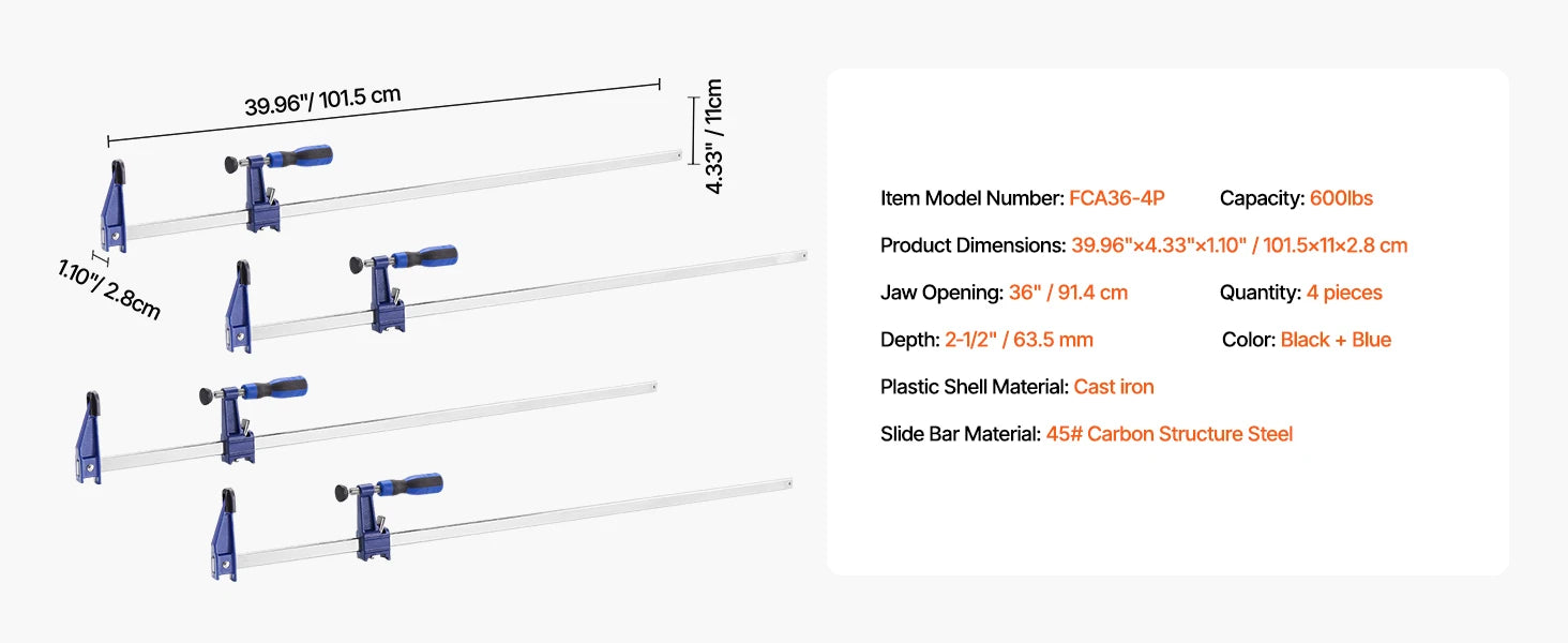 SucceBuy bøjle-klemmer 2 stk. 50" parallelle klemmer sæt F-klemme med belastningsgrænse 1100 lbs højstyrke plast og kulstofstål træklamp