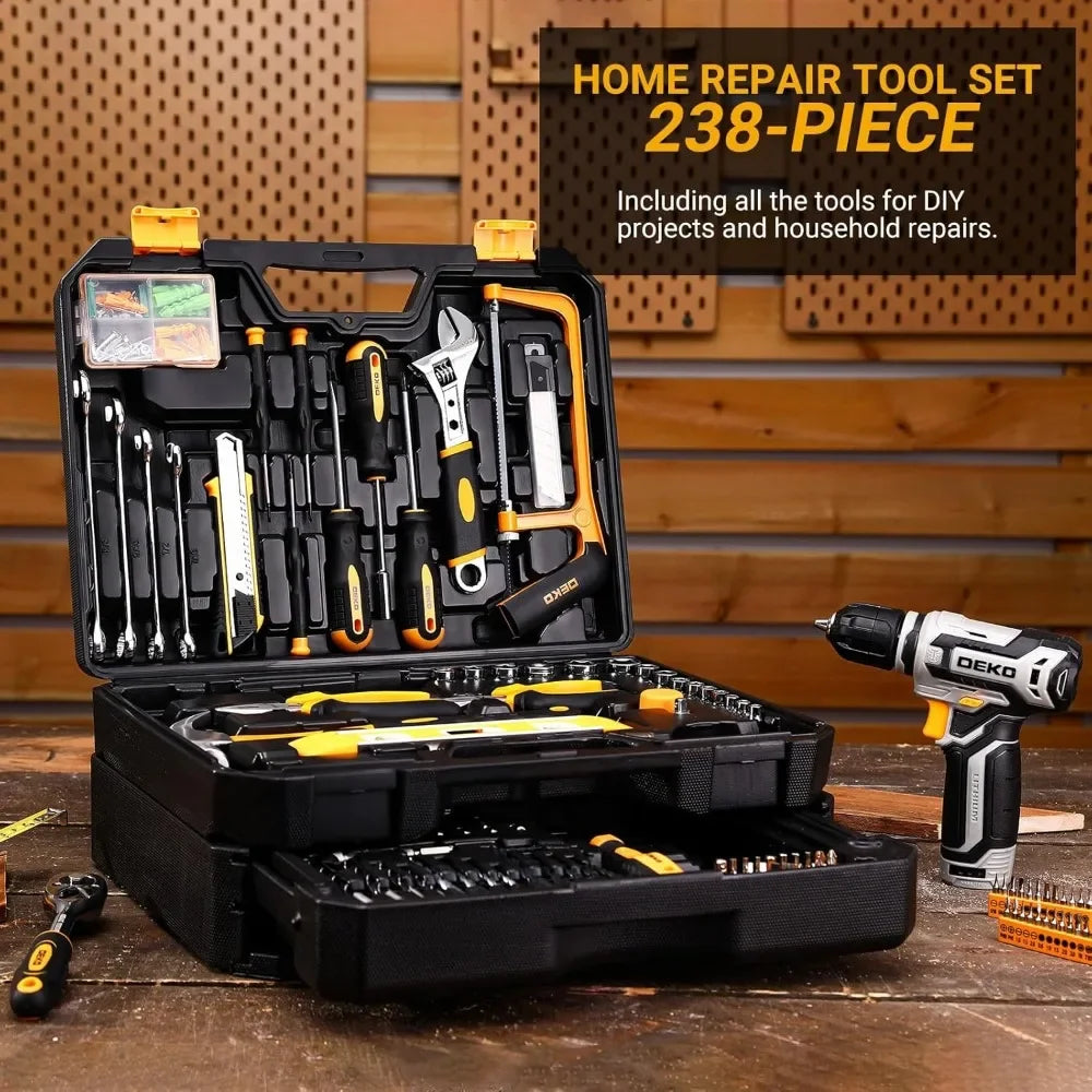 238-Piece Home Mechanic Tool Kit with 12V Cordless Drill