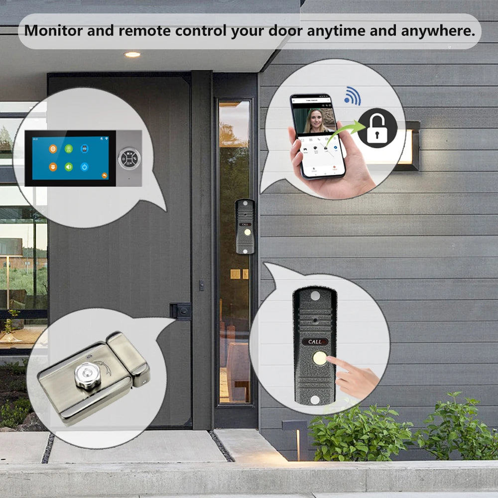7 Pouces 4-Filaire AHD WIFI Video Portier Intercom 1080P HD Visible Doorbell avec application Tuya Contrôle à distance et Visualiseur d’interstice