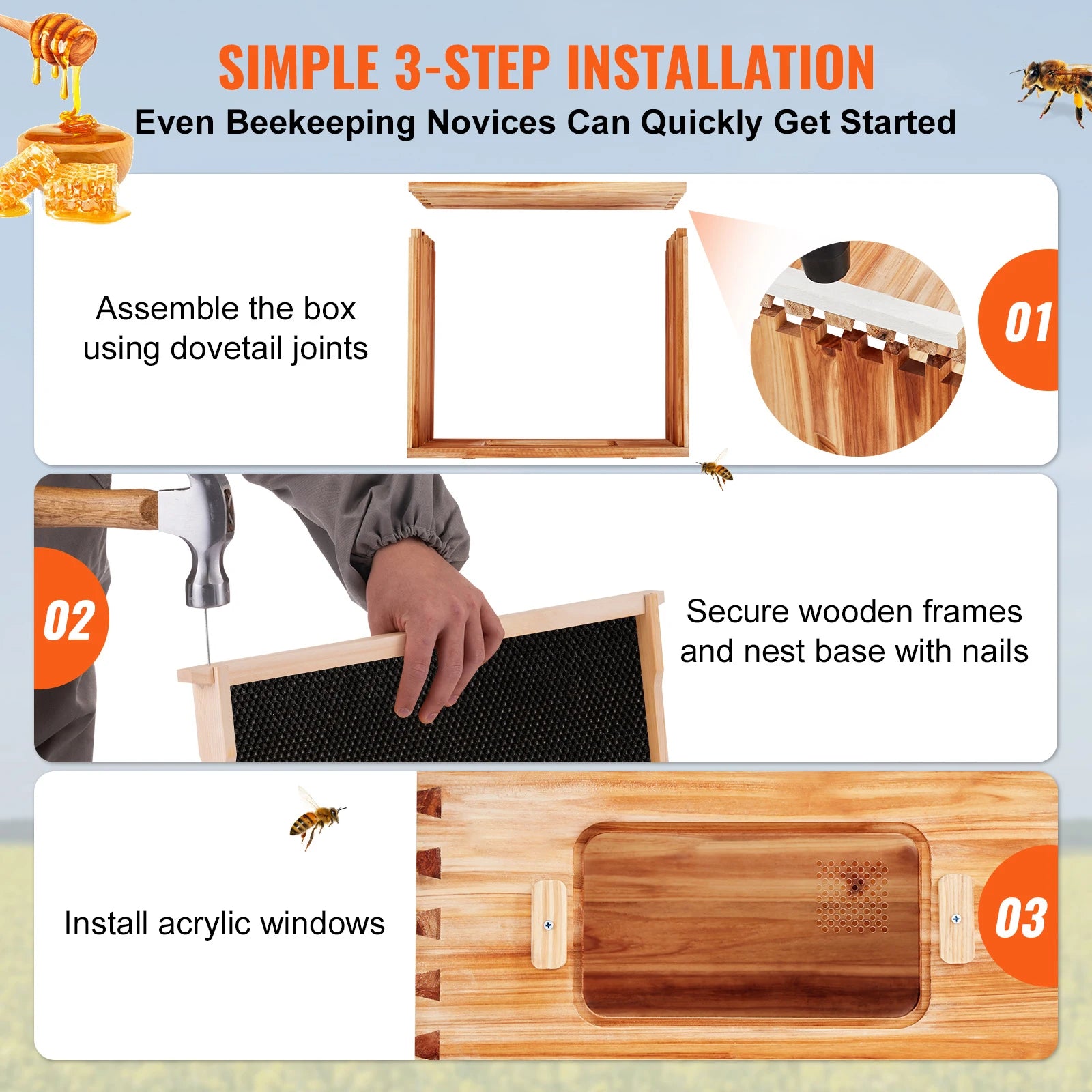 Kit di avviamento SucceBuy Bee Hive Deep Box 100% rivestito di cera d'api Naturale in legno di cedro Langstrothabox Beehive Kit in acrilico trasparente