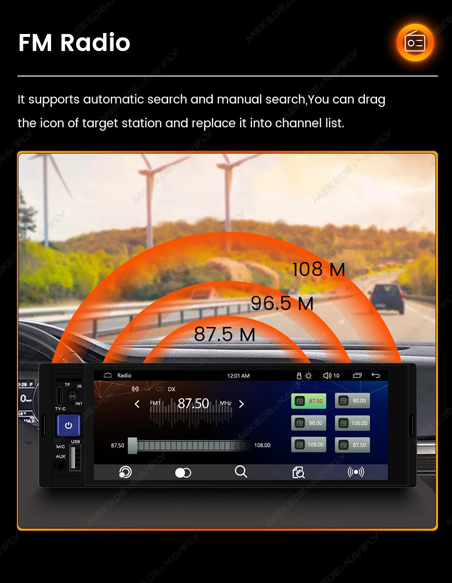 6.86" 1DIN Car Stereo with Wireless CarPlay, Android Auto & BT