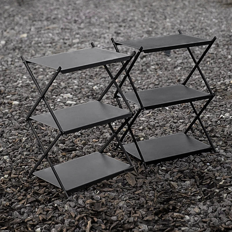 Camping Foldable Three-Tier Storage Shelf Rack for Outdoor Use