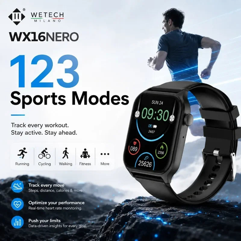 For Android IOS Users WETECH WX16 Smart Watch Bluetooth Call Internal Mic Touch Screen 123 Sport Modes Heart Sleep Stress Tracking Fitness Wristwatch 7-Day Battery White Black Two Colors Available