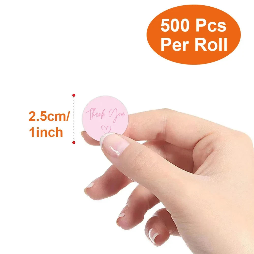 500 Round Heart-Shaped Thank You Stickers/Roll, Cute Pink Heart-Shaped Decorative Labels - Party Favor Seals, Stationery Sticker