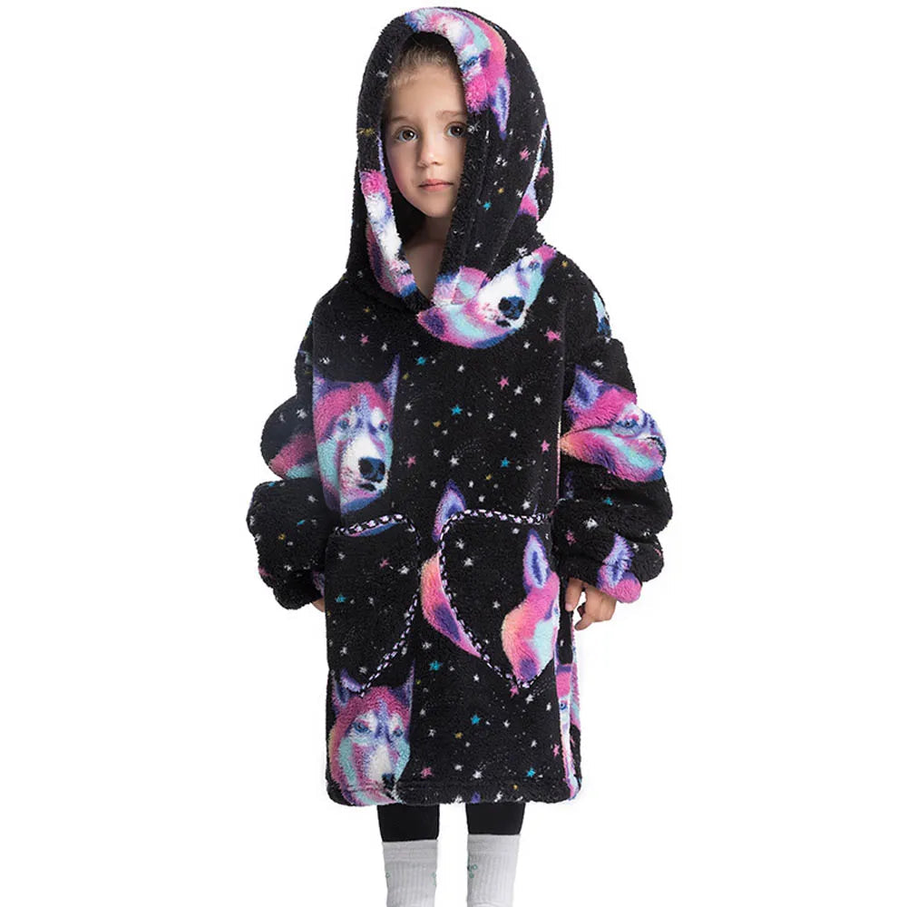 Girls Winter Clothes Flannel Thick Hoodies Super Warm Children's Sweaters Kids Hooded Loose Clothing Homewear Wearable Blankets