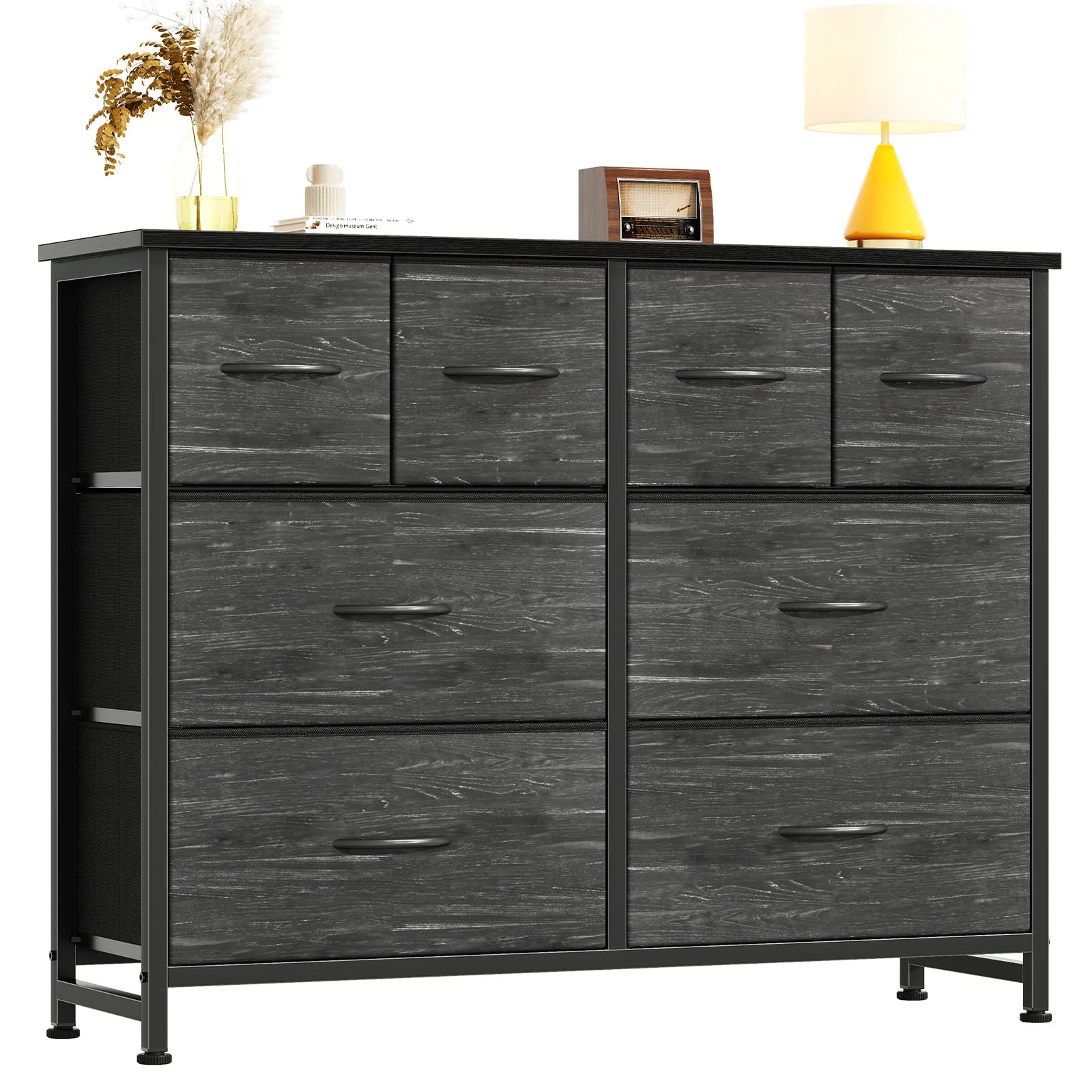 9-Drawer TV Stand Storage Cabinet with Fabric Bins and Wood Top