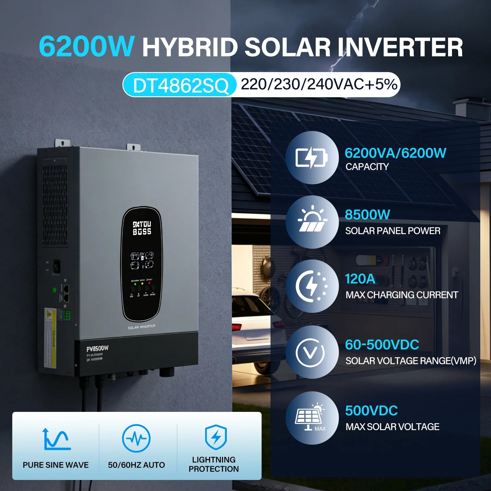 DATOUBOSS 48V 6200W Hybrid Solar Inverter with MPPT Charger, Grid-Connected and Standalone Modes, Built-in Anti-Reverse Flow Mechanism, Unlimited Load Capacity