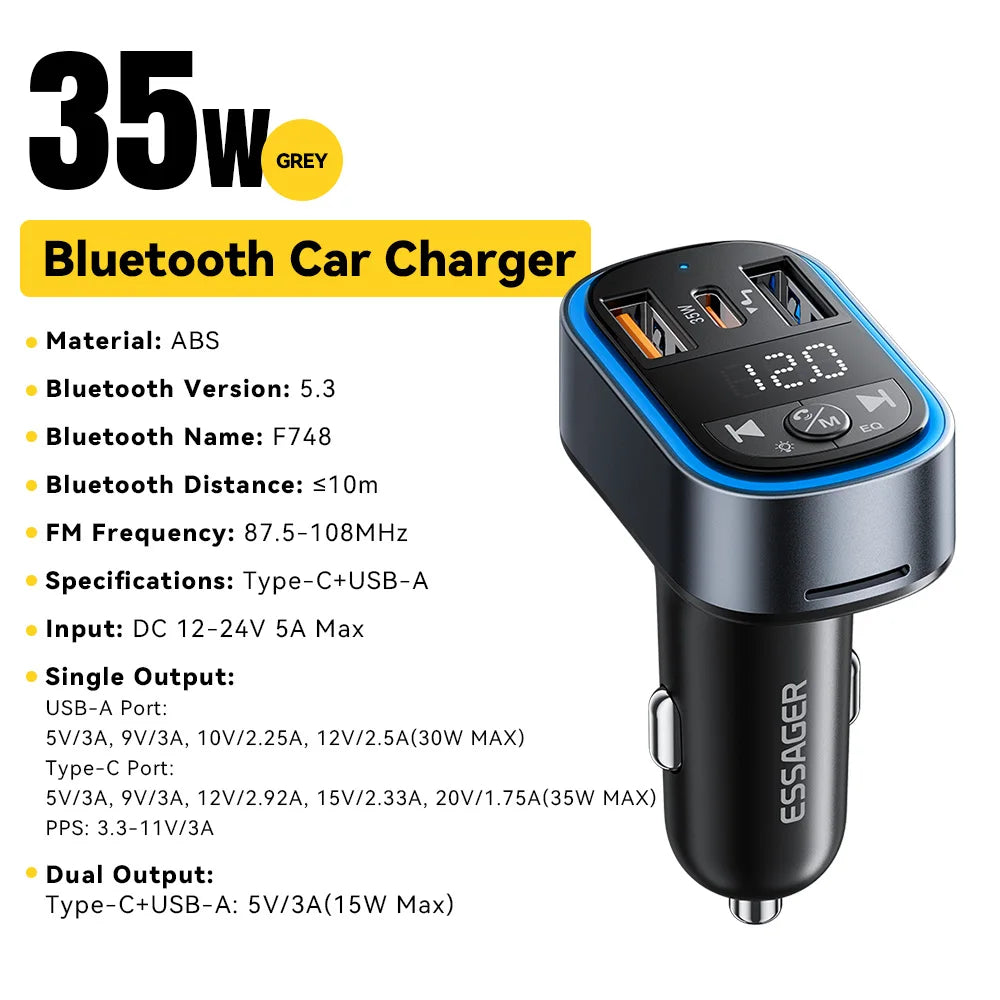 Car Charger FM Transmitter with Bluetooth 5.3 and USB-C Output