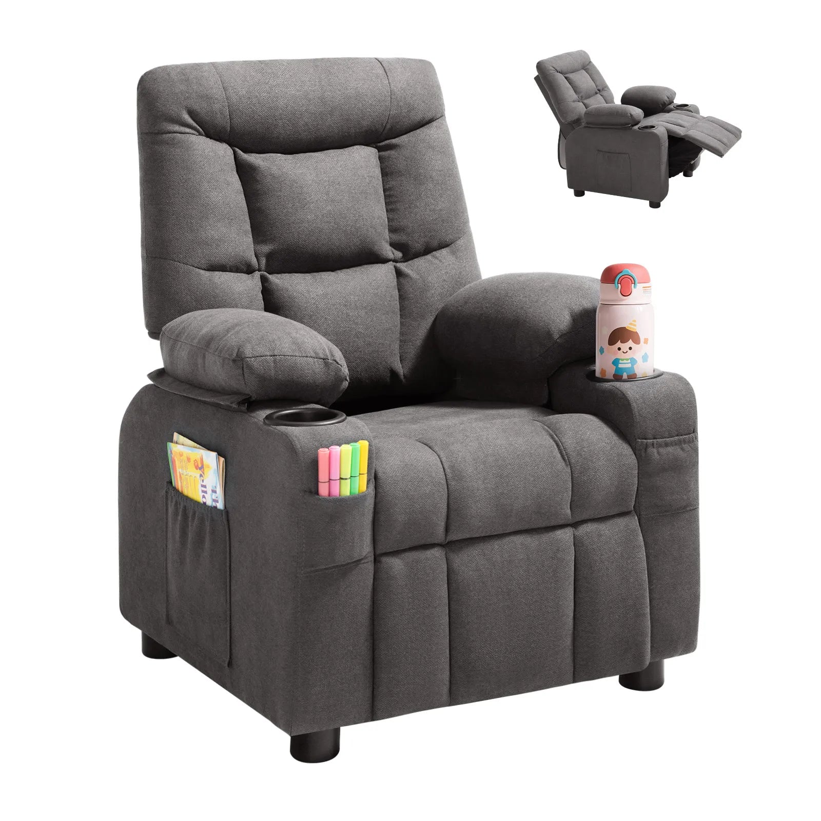 SucceBuy Kids Reclining Chair Toddler Recliner with Cup Holders and Pockets 107° to 126° Adjustable Backrest for Boys & Girls