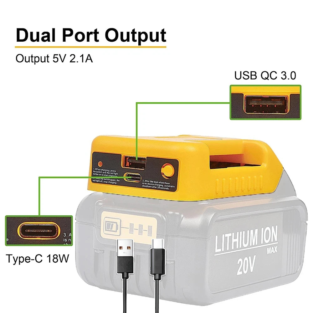 DeWalt 18/20 V-os akkumulátoradapter USB-A- és USB-C-kimenettel