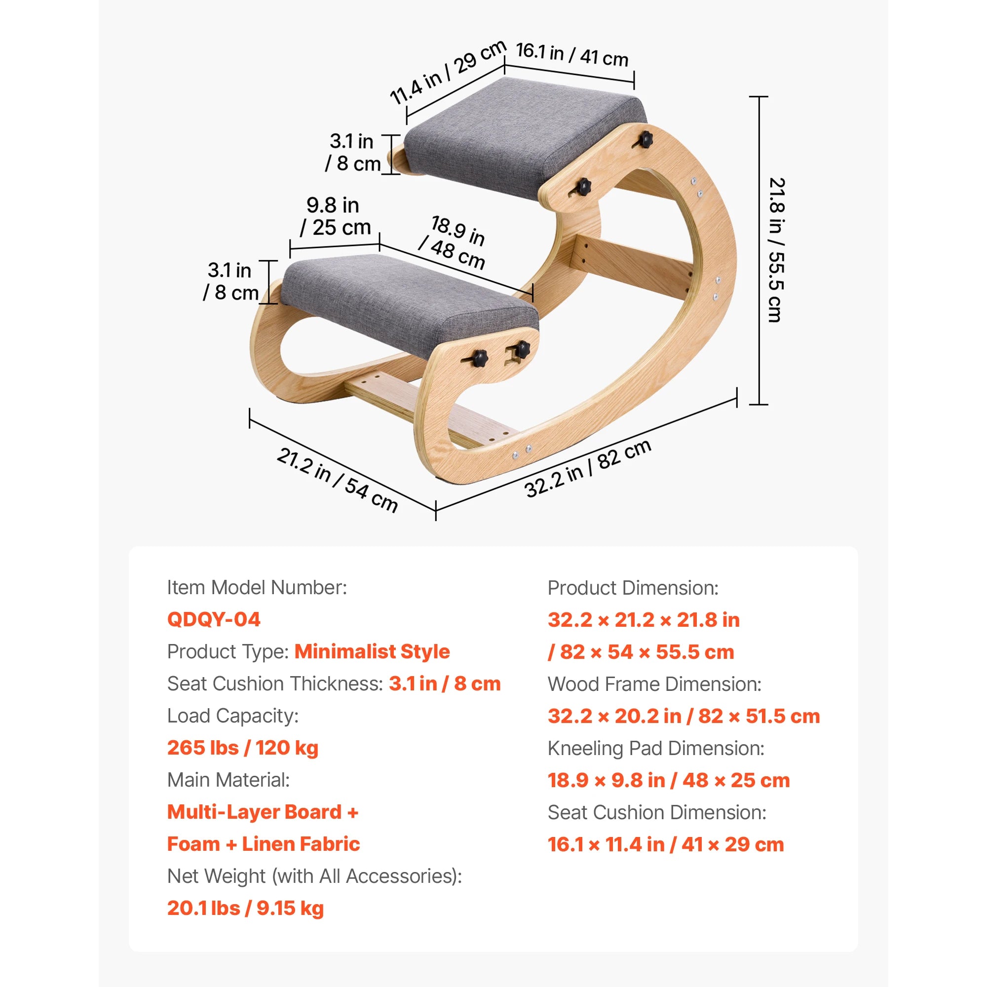 Sedia Ergonomica a Ginocchio con Struttura in Legno e Cuscini Spessi