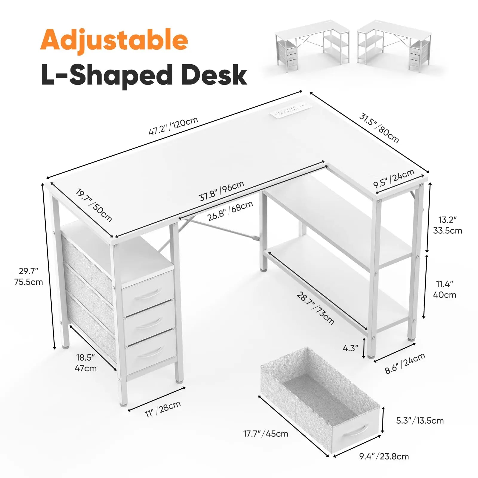 55 Inch L-Shaped Desk with Drawers, Shelves & Built-In Power Outlet