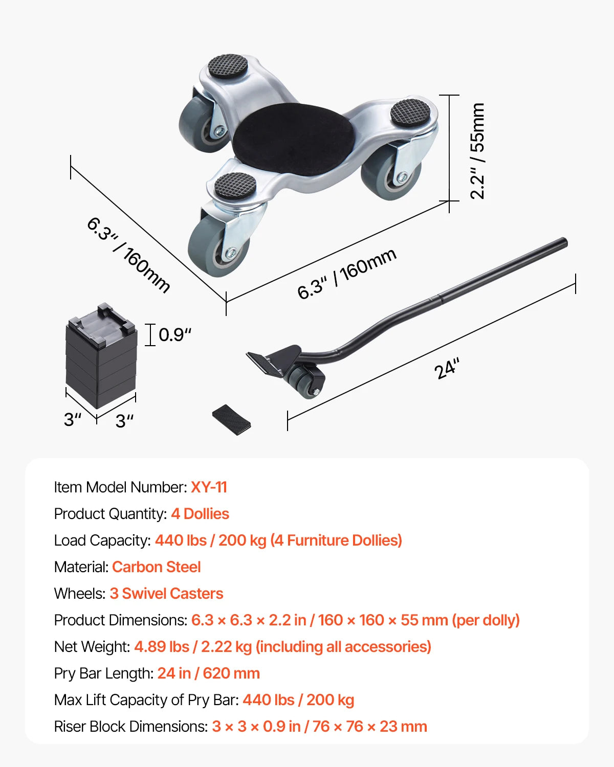 4pcs Furniture Dolly Set with Wheels & Pry Bar for Easy Moving