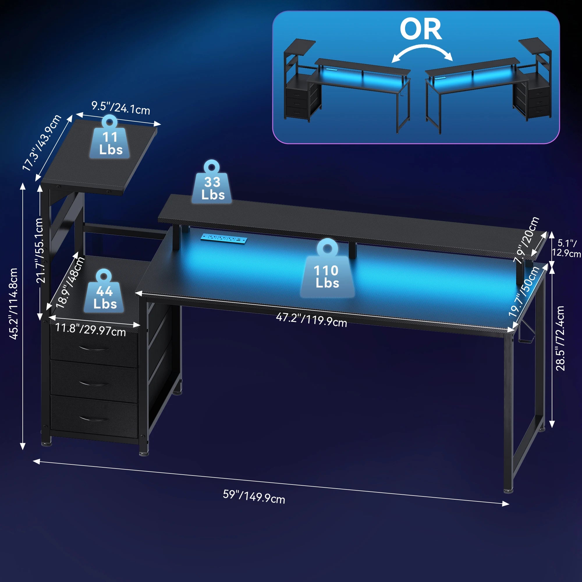 Reversible Gaming Desk with LED Lights, Power Outlets & Drawers