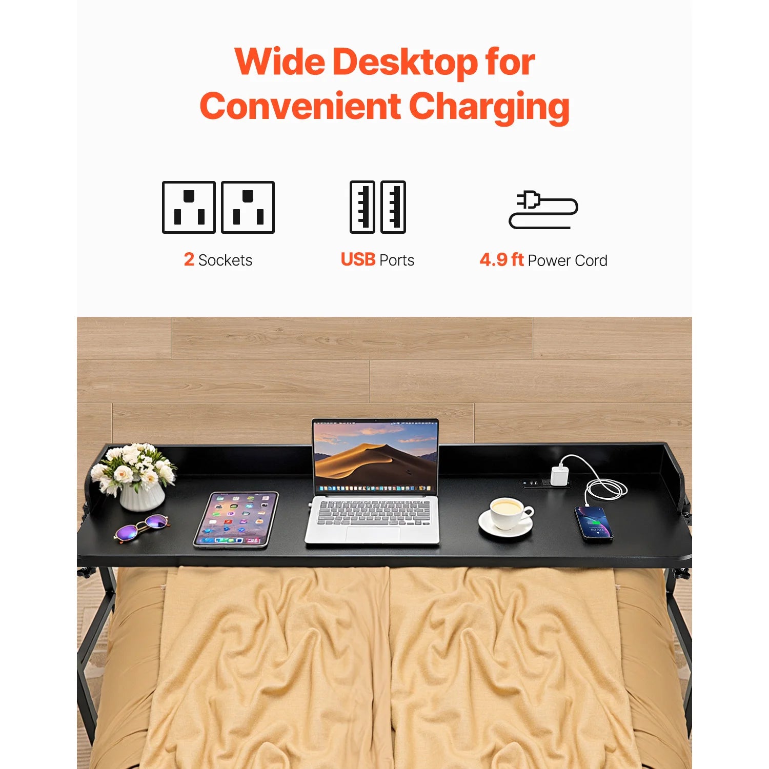 SucceBuy Overbed Table Mobile Bed Side Table w/ 4 Wheels&Power SocketHeight Adjustable Rolling Laptop Desk for Home Office Study