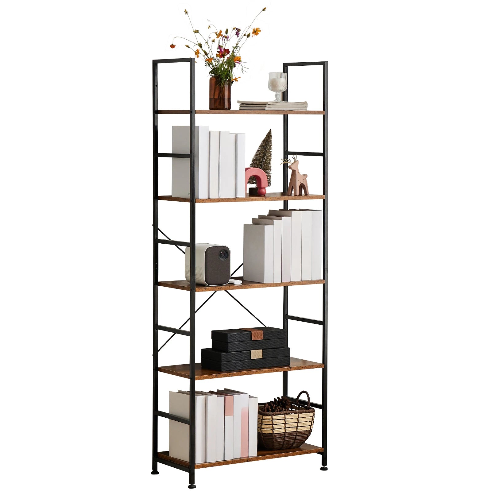 5 Tier Wooden Bookshelf with Metal Frame Tall Storage Display