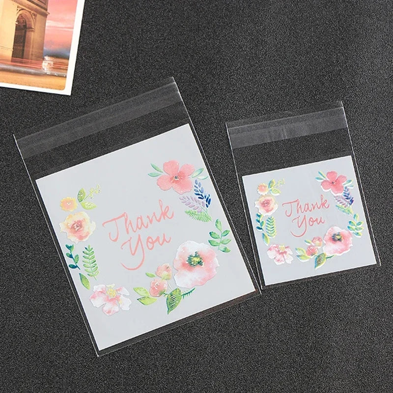 100pcs/lot Plastic Bags Thank you Flower Self-Adhesive Bags for Homemade Cookie Party Gifts Bag DIY Jewelry Packaging Bag