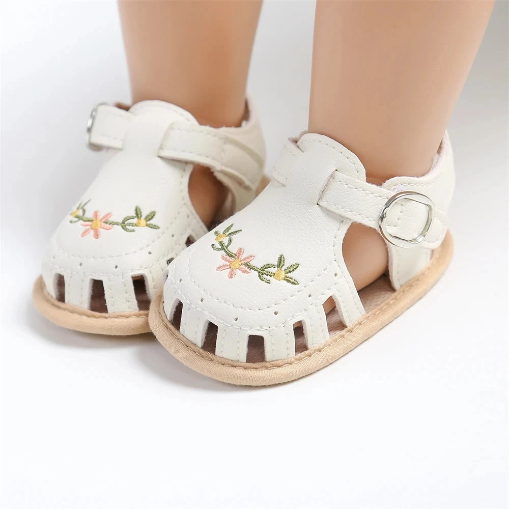 Newborn Baby Girl Sandals with Embroidered Floral Soft Sole