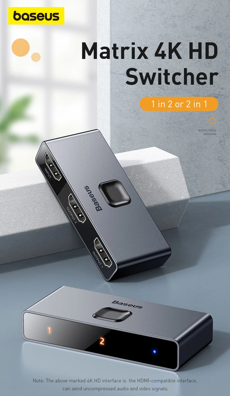 4K HDMI prepínač obojsmerný 2-v-1 rozdeľovač pre TV, PS4, PC