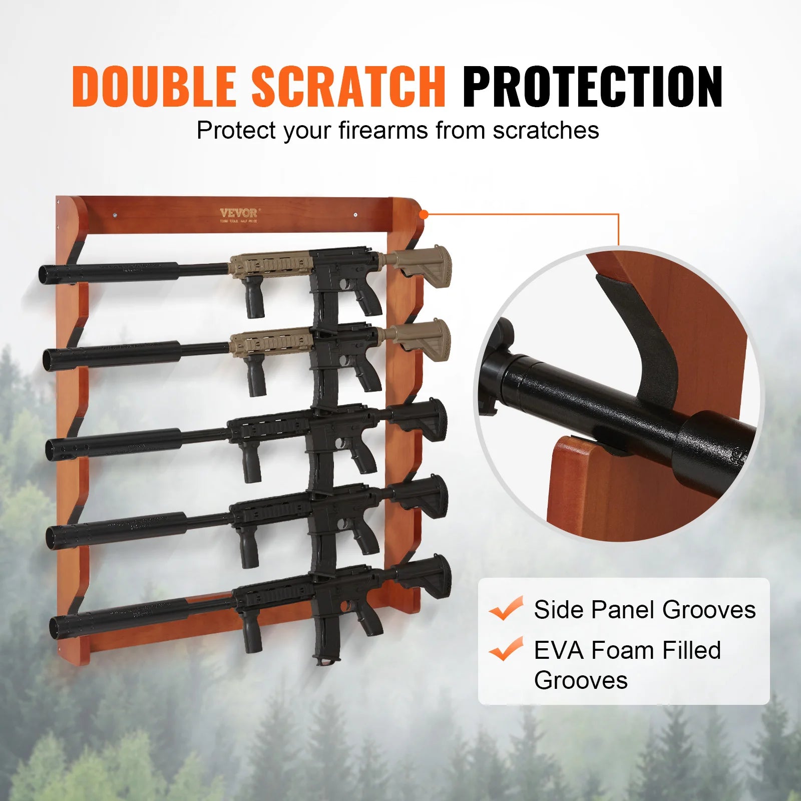 Wall Mounted Wooden Gun Rack with 5 Slots & 132 lb Capacity
