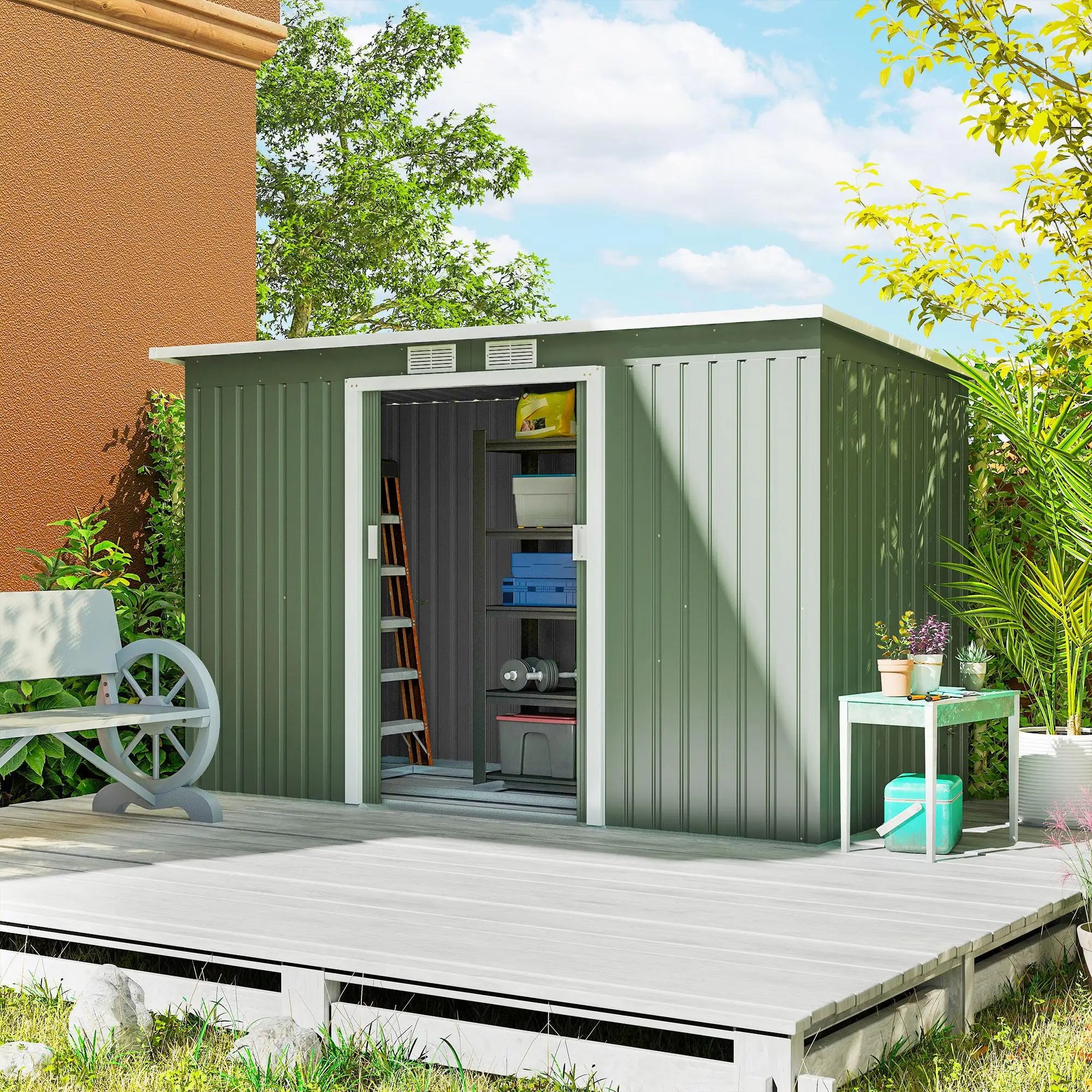 3.2m² Shed Garden Storage with Two Sliding Doors and Steel Base