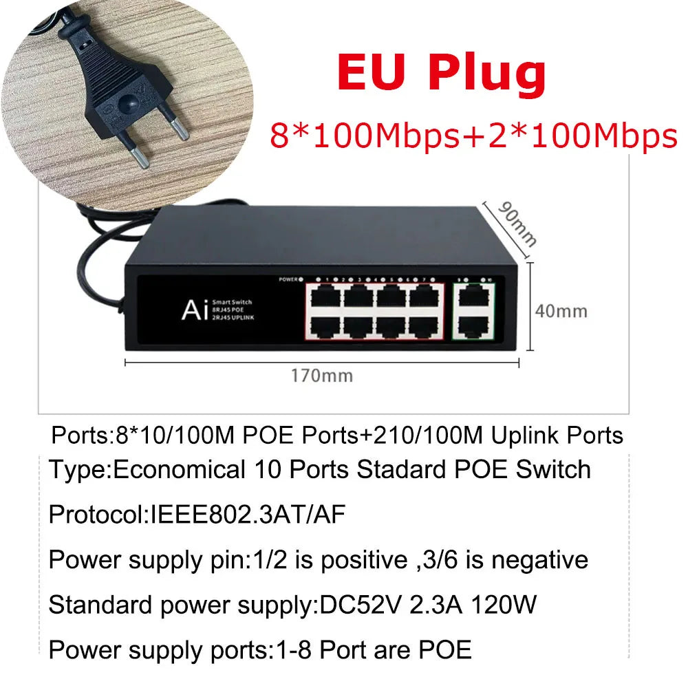 Ienron POE Switch 6/10 Ports 100Mbps Ethernet Switch POE ieee802.3af/at Network Switch Ethernet For Wifi Router IP Camera