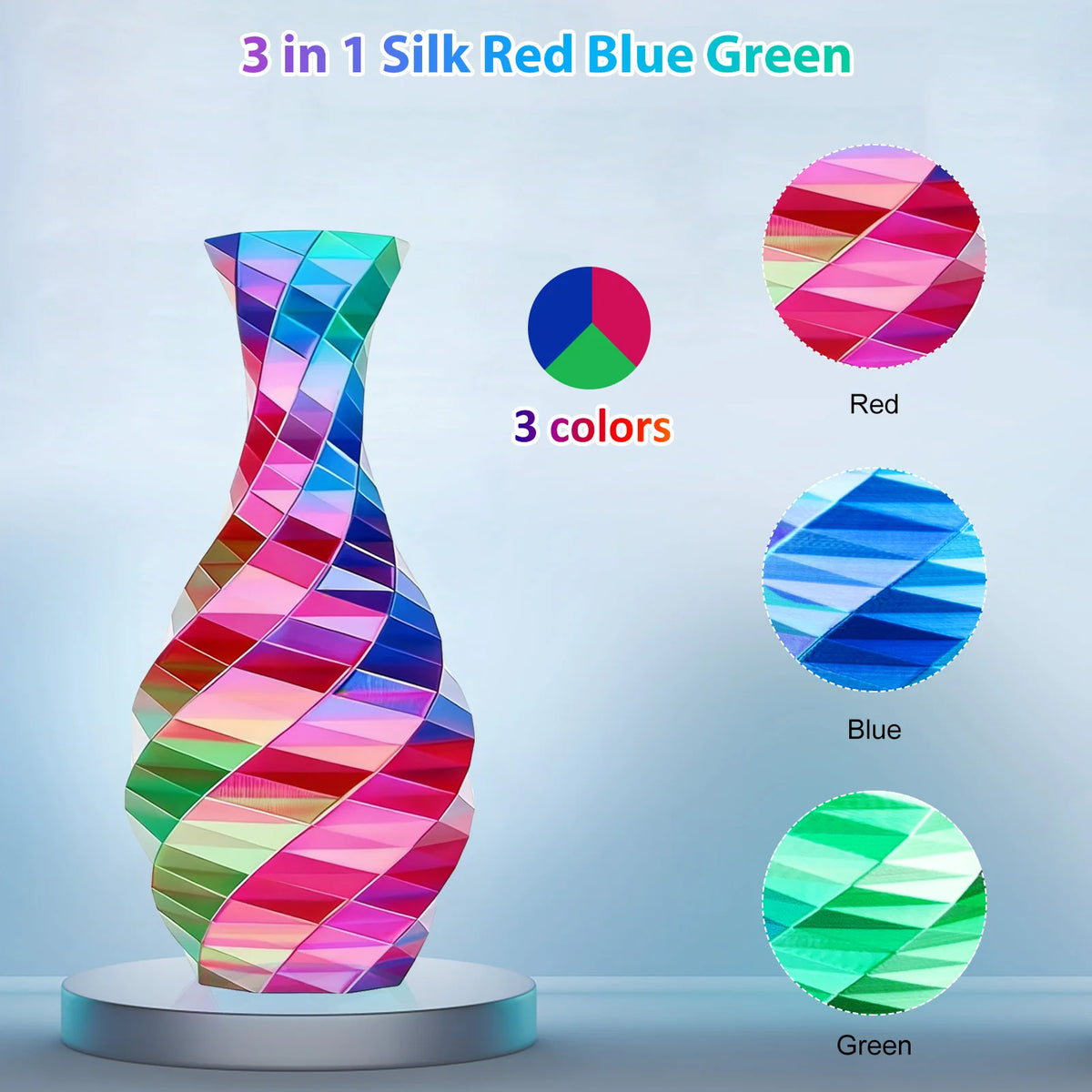 Tricolour Silk PLA Filament, Red/Blue/Green, 1.75 mm, 250 g