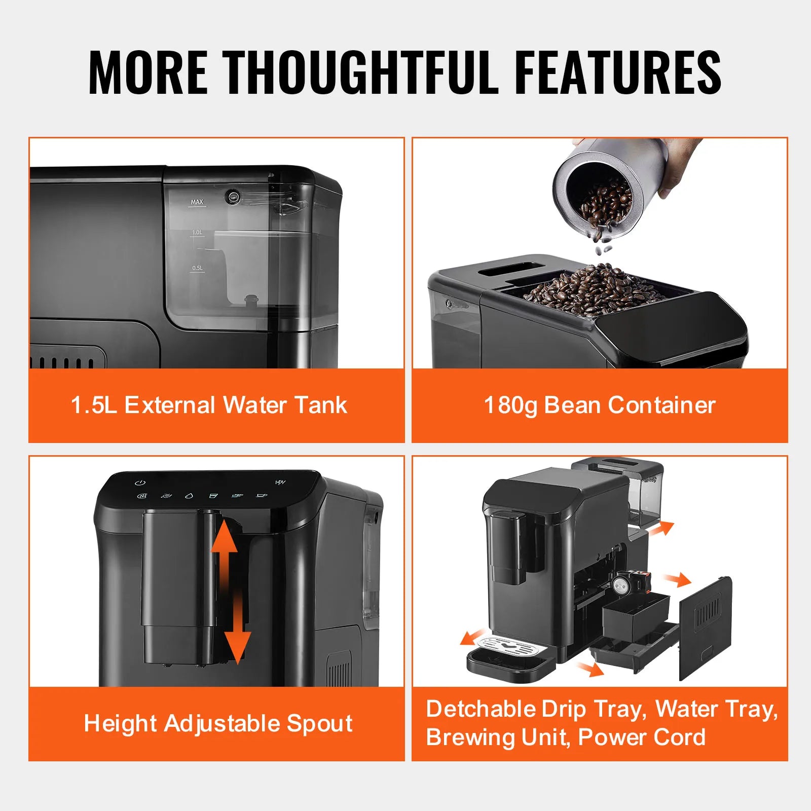 Automatic Espresso Machine with Grinder 15-Bar Coffee Maker 1.5L