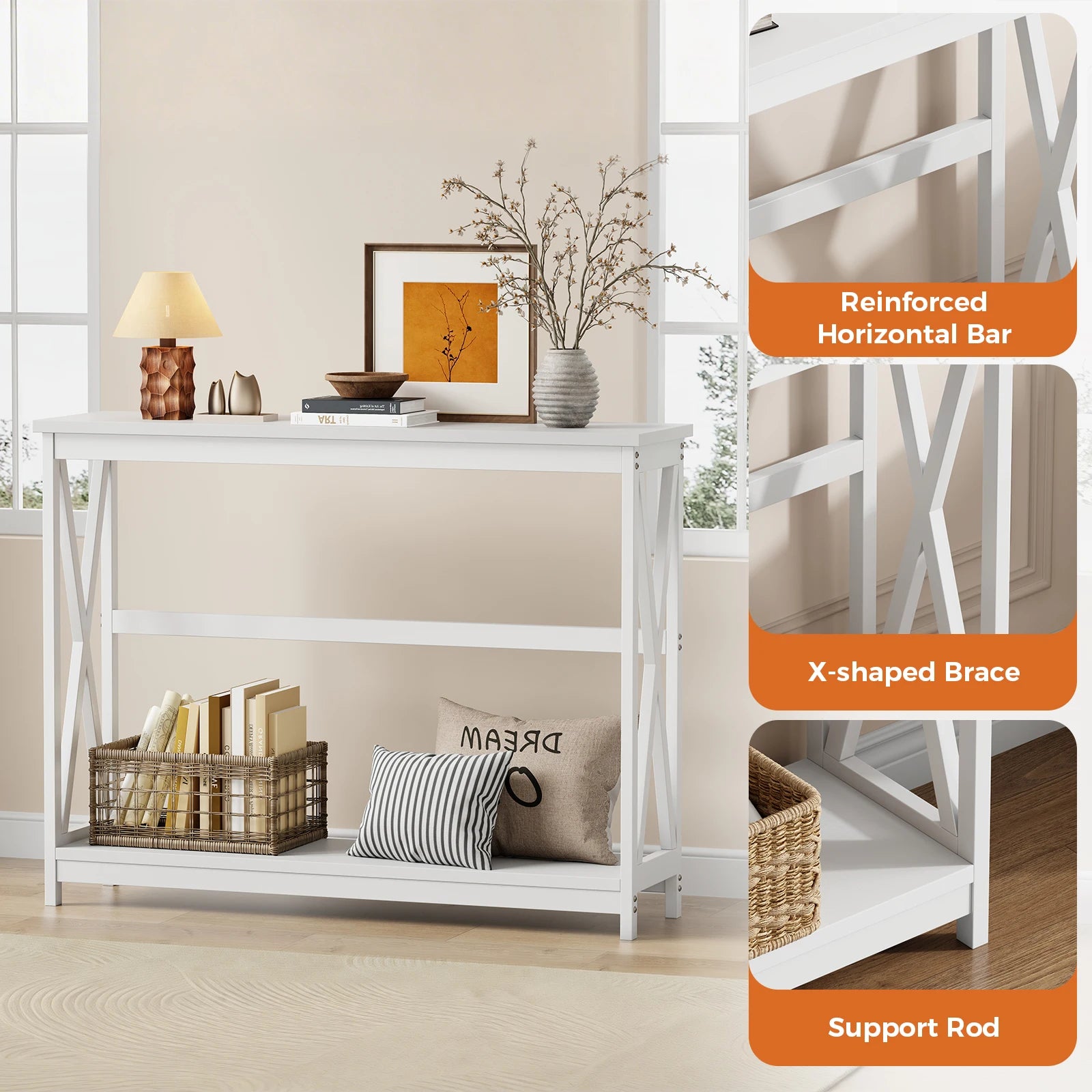 40" 2-Tier Console Table with Metal X-Frame – Modern Entryway Table