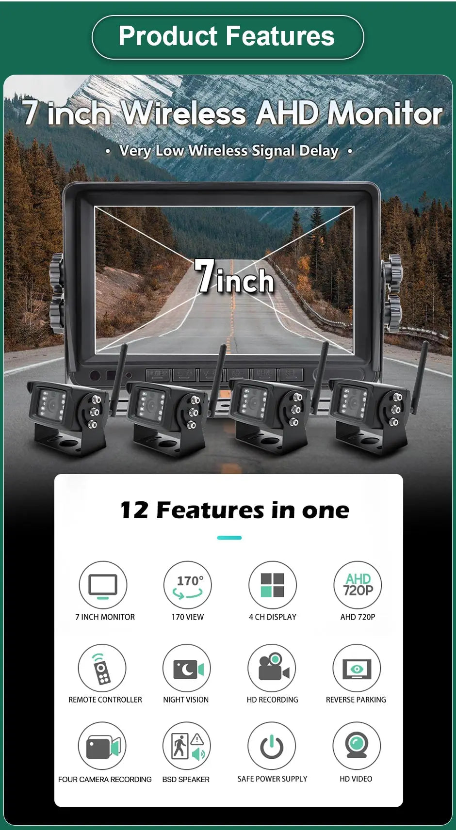 Monitor DVR de Caminhão Sem Fios GreenYi 1280x720 Alta Definição AHD 7" Visão Noturna Gravador de Ré Câmera Wifi para Autocarro e Carro