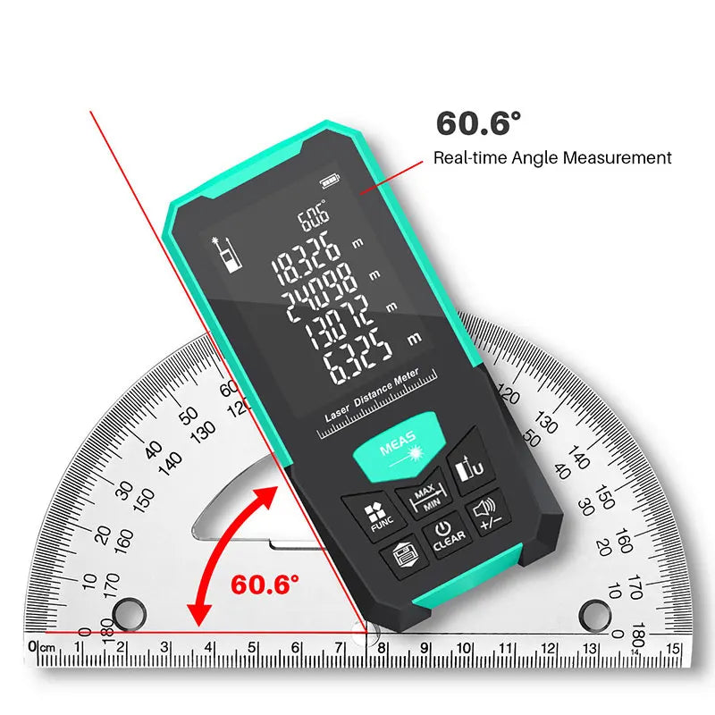 Laser Rangefinder, Green Laser Source, Multiple Measurement Modes, M/FT/IN Unit Switching, Battery Free, 5 Range Options
