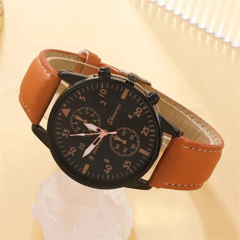 Men Watch Bracelet Set with Brown Leather Strap