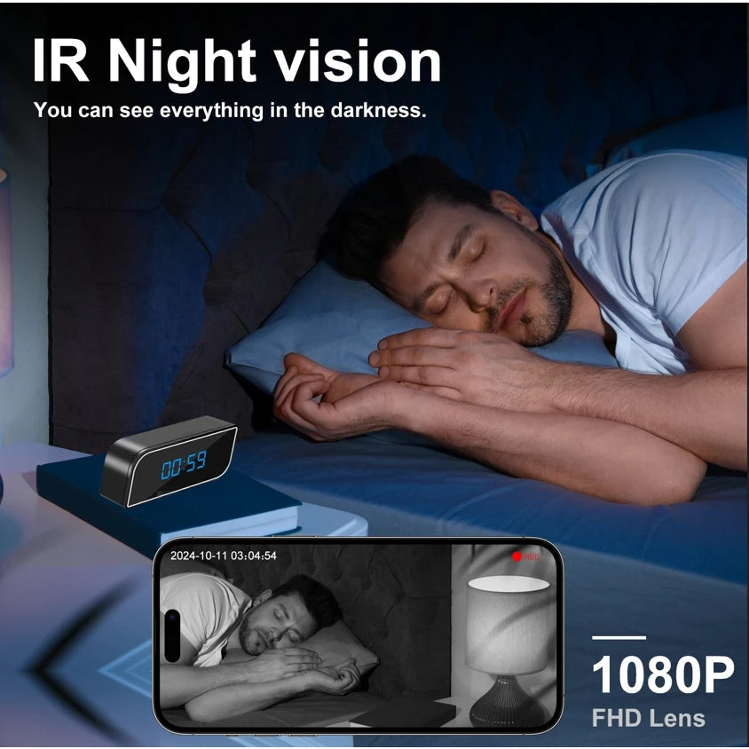 1080P full HD mini clock camera, wireless WiFi, night vision, motion detection, home security monitoring