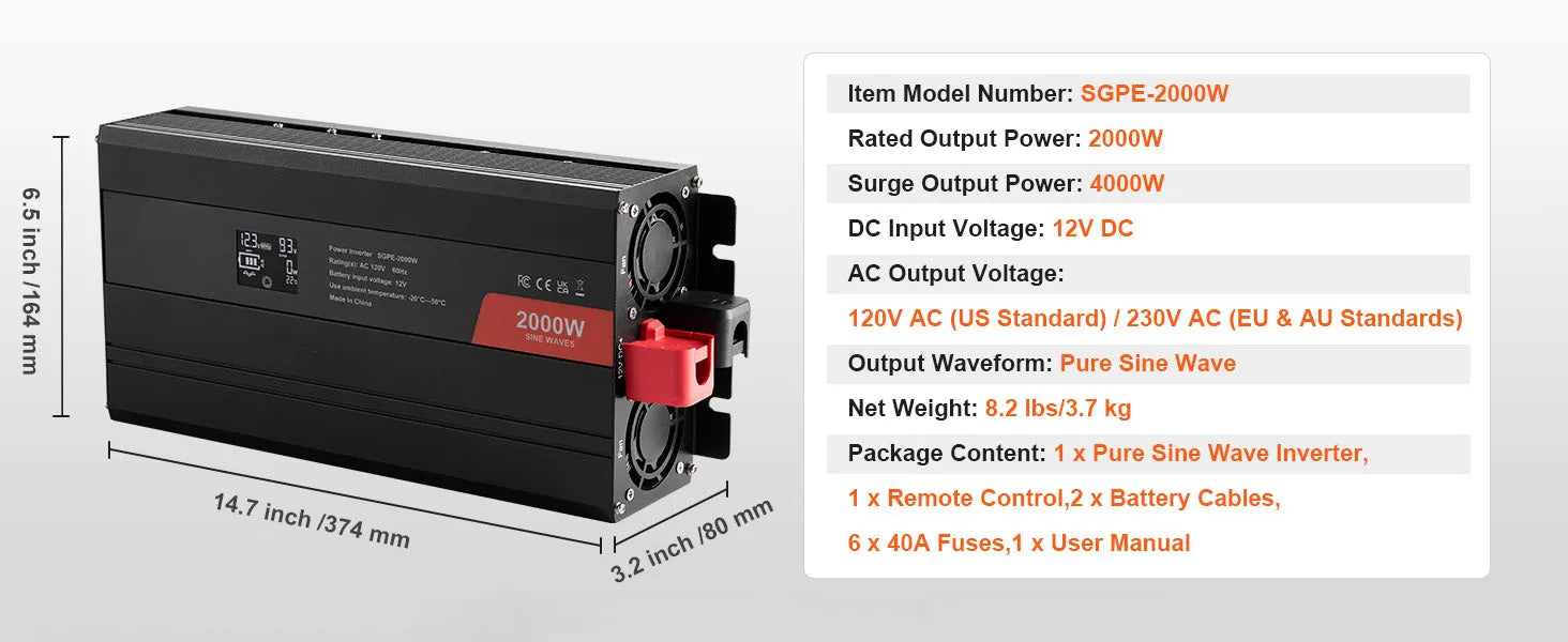 Czysty falownik sinusoidalny 1000W–3000W z pilotem i portami USB